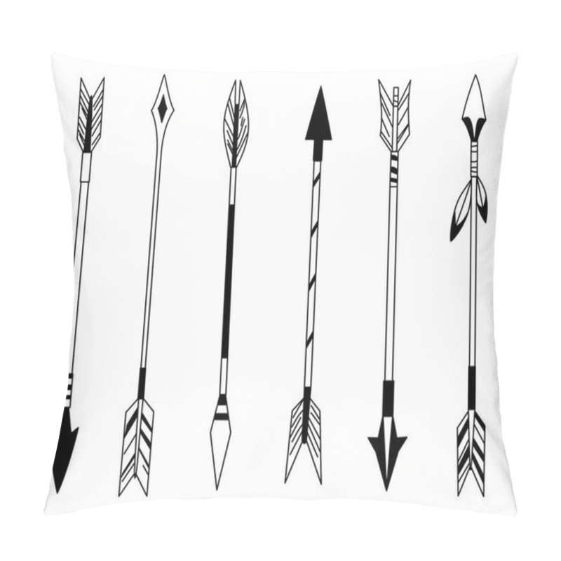 Personality  Hand Drawn Feather Arrow, Tribal Feathers On Pointer And Decorative Boho Bow, Feather Indian Arrowhead. Native Aztec Or Hipster Tattoo Sketch Isolated Vector Symbols Set. Pillow Covers