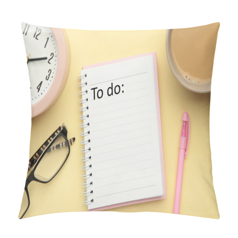 Personality  To Do List Written In A Notebook. Notebook With An To Do List On Pink With Cup Of Coffee And Clock. Top View Pillow Covers