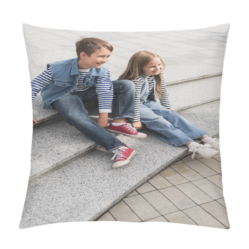 Personality  Full Length Of Cheerful Well Dressed Children Sitting On Stairs Of Urban Street  Pillow Covers