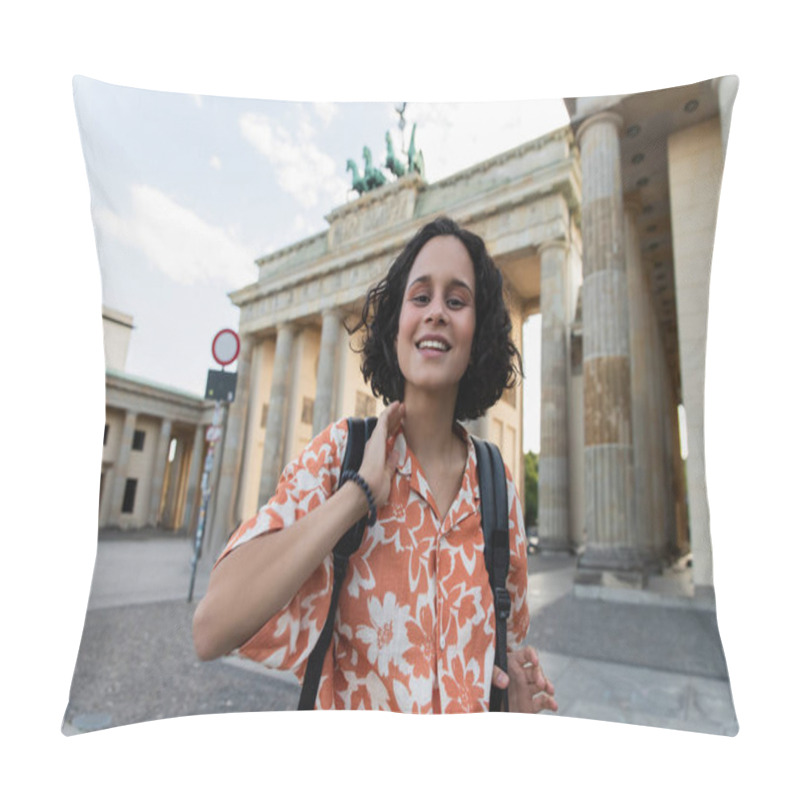 Personality  Cheerful Young Woman With Backpack Standing Near Brandenburg Gate In Berlin  Pillow Covers