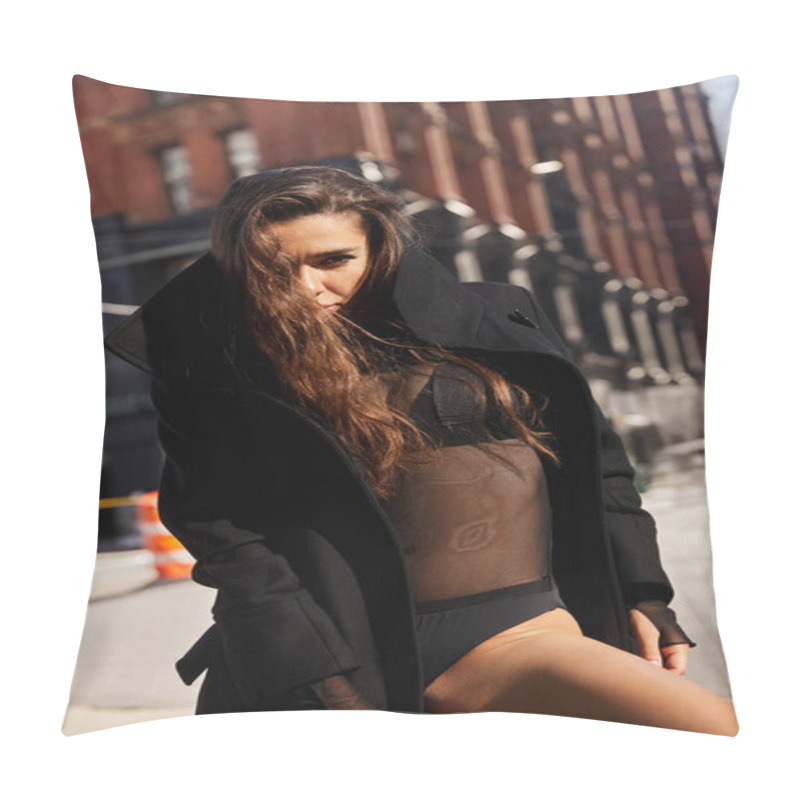 Personality  A Woman In A Black Coat Dances On A New York Street, Her Face Obscured By Her Long Hair. Pillow Covers