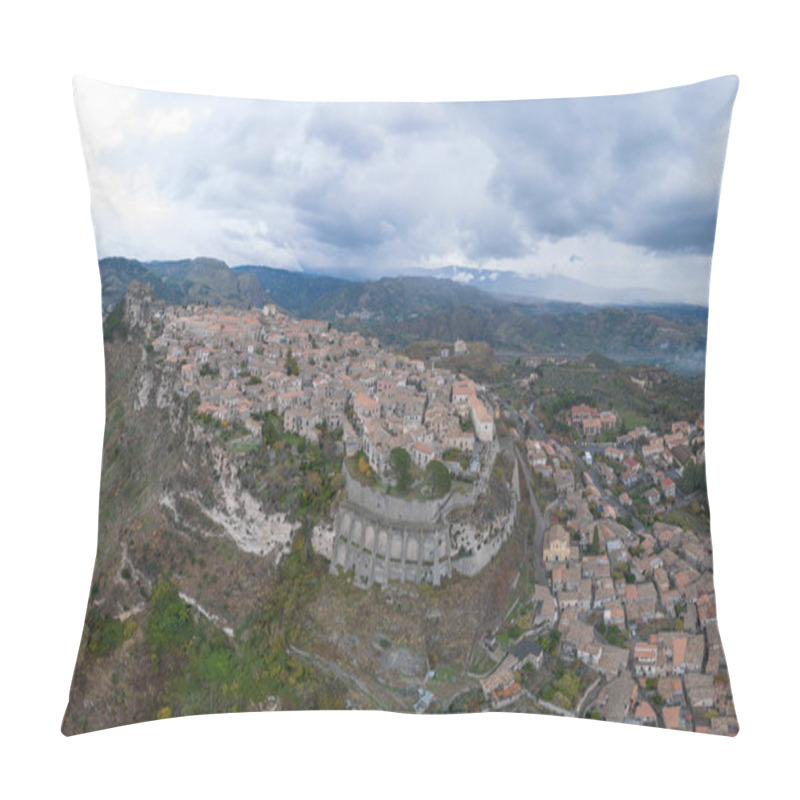 Personality  Gerace, Italy - 15 December, 2023: Drone Perspective Of The Picturesque Mountain Village Of Gerace In Calabria Pillow Covers