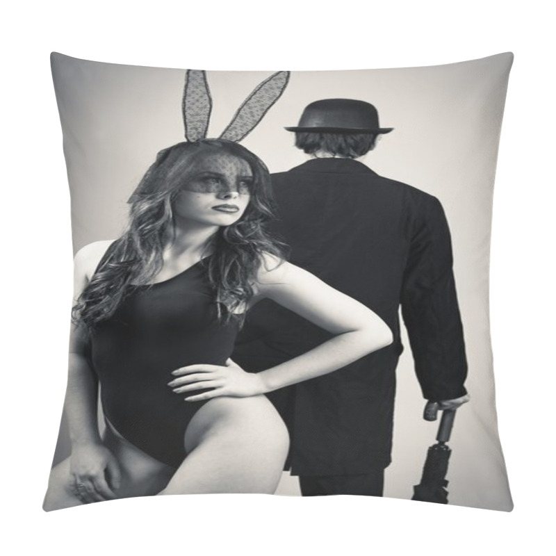 Personality  Black And White Photography Of Sexy Beautiful Young Lady Wearing Bunny Ears Posing Over Male Silhouette Pillow Covers