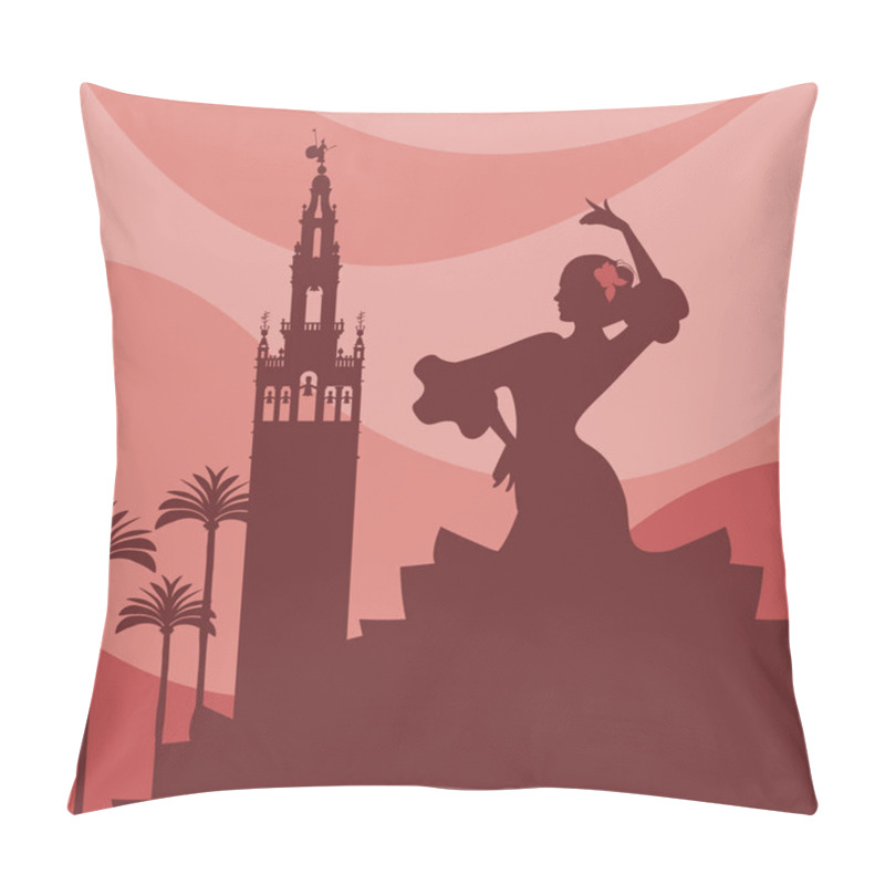 Personality  Silhouette Of Flamenco Dancer, Palms And Monuments In Seville. (The Giralda) Pillow Covers