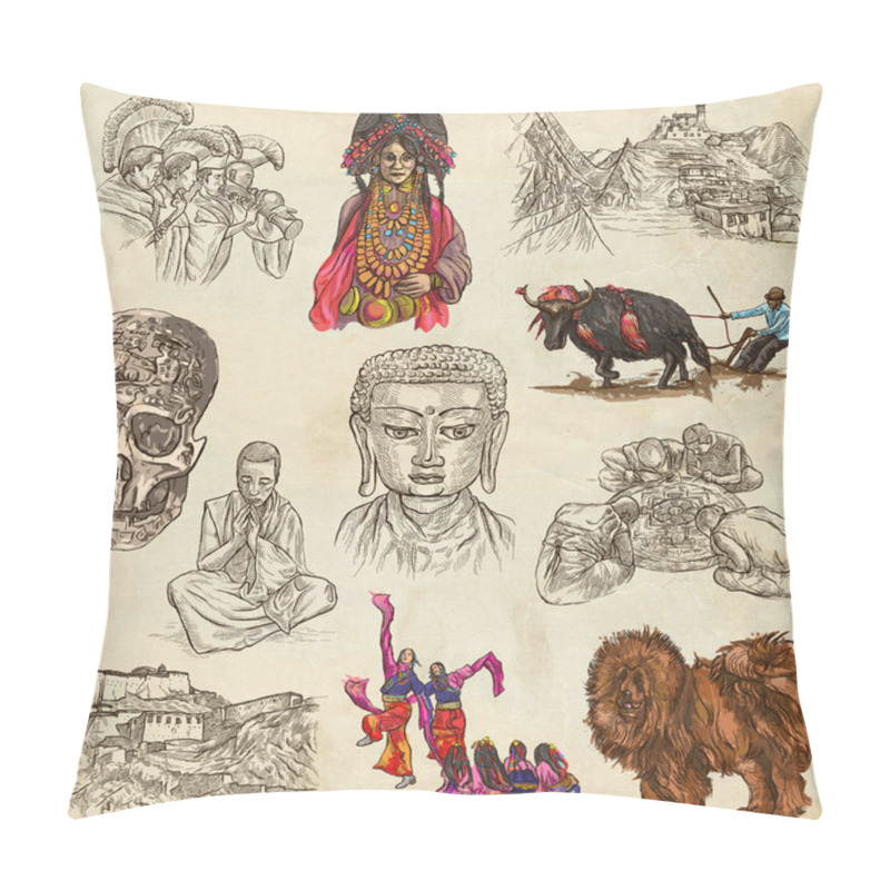 Personality  Tibet. Travel - Pictures Of Life. Hand Drawings. Pillow Covers