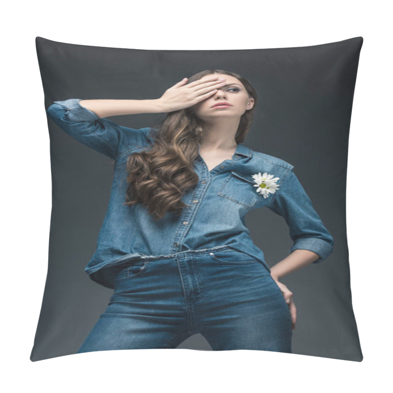 Personality  Beautiful Girl Closing Eye And Posing In Denim Shirt, Isolated On Grey Pillow Covers