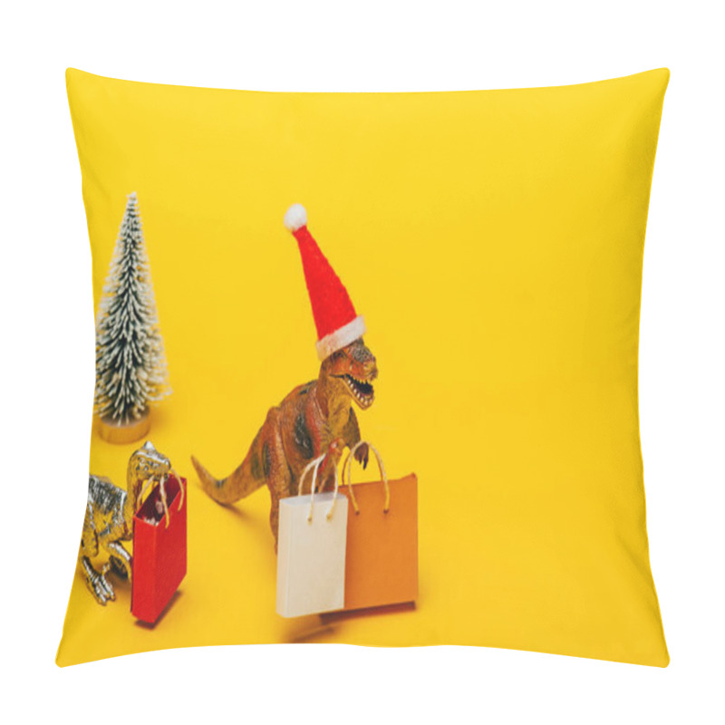 Personality  Toy Dinosaurs In Santa Hat With Shopping Bags And Christmas Tree On Yellow Background Pillow Covers