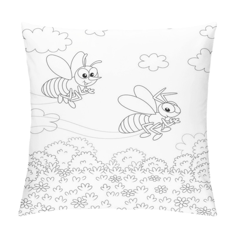 Personality  Funny Striped Bee And Wasp Flying Over A Field With Wildflowers On A Pretty Summer Day, Black And White Vector Illustration In A Cartoon Style For A Coloring Book Pillow Covers