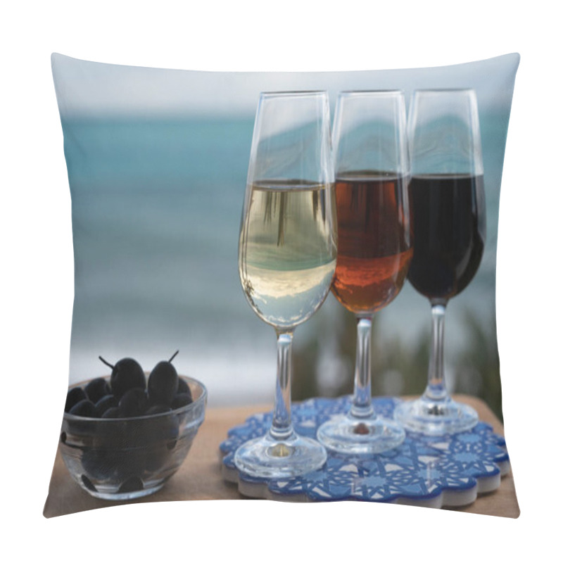 Personality  Tasting Of Spanish Sweet And Dry Fortified Vino De Jerez Sherry Wine And Green Olives With View On Blue Sea And Beach Near El Puerto De Santa Maria, Andalusia, Spain Pillow Covers