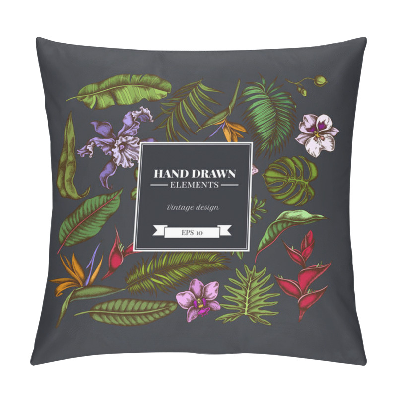 Personality  Square Floral Design On Dark Background With Monstera, Banana Palm Leaves, Strelitzia, Heliconia, Tropical Palm Leaves, Orchid Pillow Covers