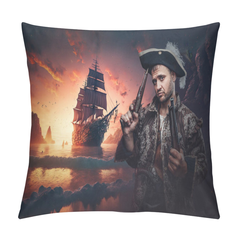 Personality  Artwork Of Stylish Pirate Dressed In Costume Posing On Coast Of Desert Island. Pillow Covers