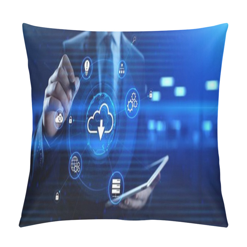 Personality  Download Software Application Internet Technology Concept. Businessman Pressing Button Pillow Covers