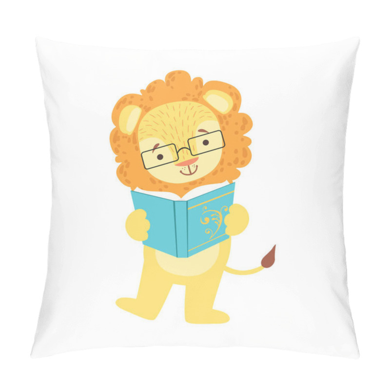 Personality  Lion Smiling Bookworm Zoo Character Wearing Glasses And Reading A Book Cartoon Illustration Part Of Animals In Library Collection Pillow Covers