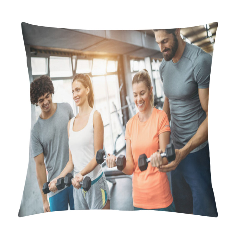 Personality  Two Attractive Women Exercising With Personal Trainers In Gym Pillow Covers