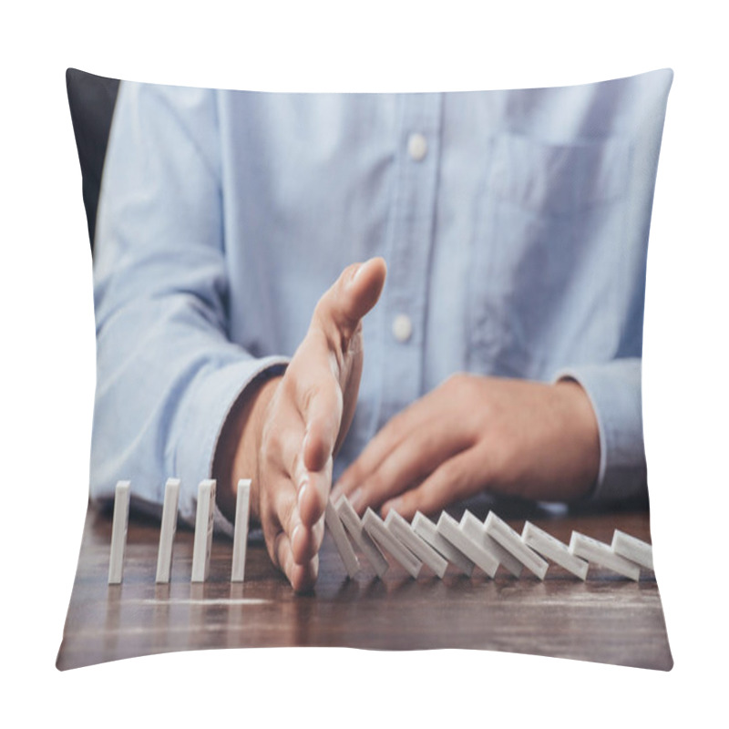 Personality  Partial View Of Man Preventing Dominoes From Falling On Desk Pillow Covers