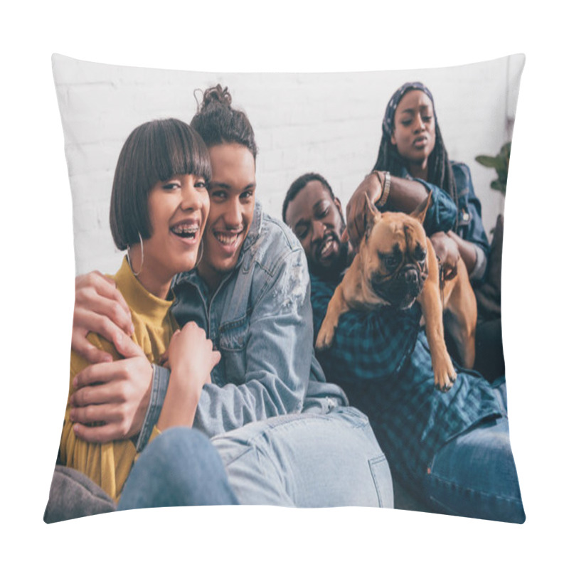 Personality  Young Smiling Group Of Multicultural Friends Sitting On Couch With Dog Pillow Covers