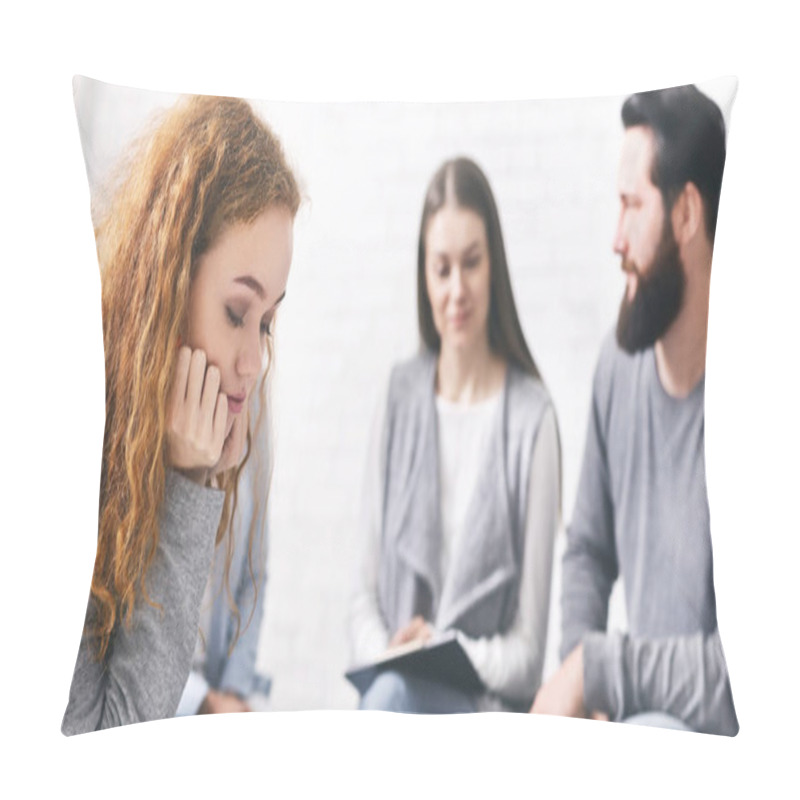 Personality  Depressed Pensive Woman Sitting At Rehab Group Therapy Pillow Covers