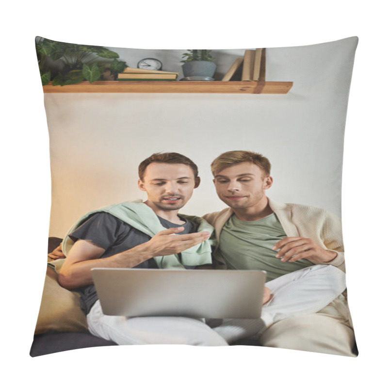 Personality  Two Partners Share A Cozy Moment While Exploring Something Together Online. Pillow Covers