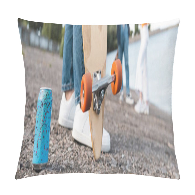 Personality  Partial View Of Woman With Longboard Near Soda Can On Asphalt And Blurred Friends, Banner Pillow Covers