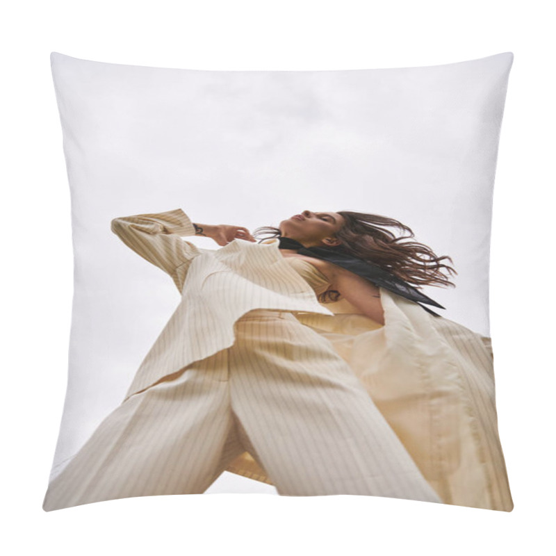 Personality  A Beautiful Young Woman With Long Hair Stands Peacefully In Front Of A Cloudy Sky, Enjoying The Summer Breeze. Pillow Covers