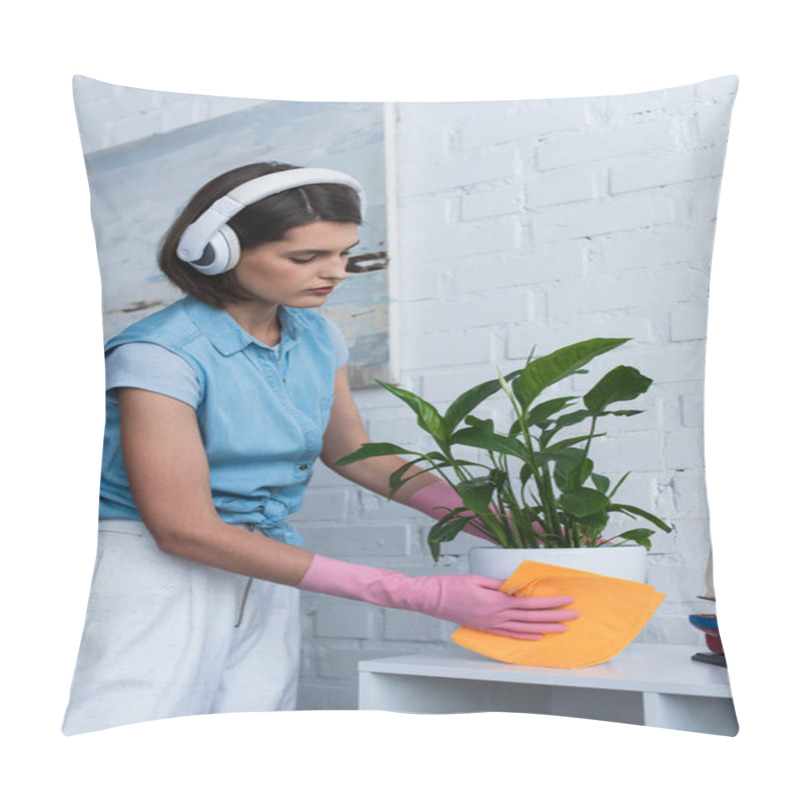 Personality  Young Woman In Wireless Headphones Cleaning Flowerpot With Rag Pillow Covers