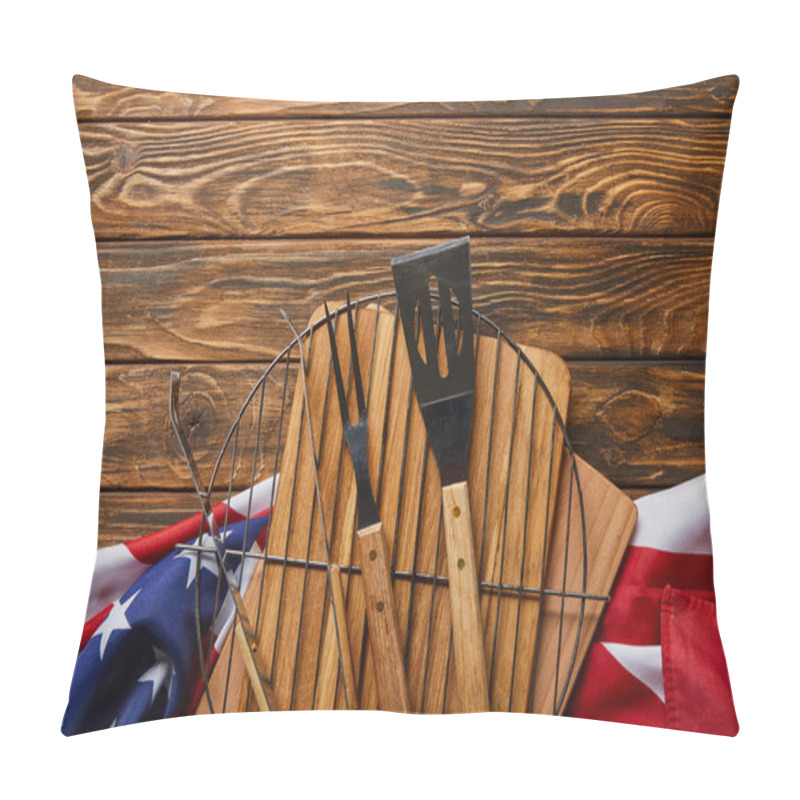 Personality  Top View Of American Flag And Bbq Equipment On Wooden Rustic Table Pillow Covers