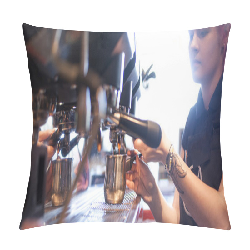 Personality  Young Girl Barista Prepares Coffee In Pub, Bar, Restaurant Pillow Covers