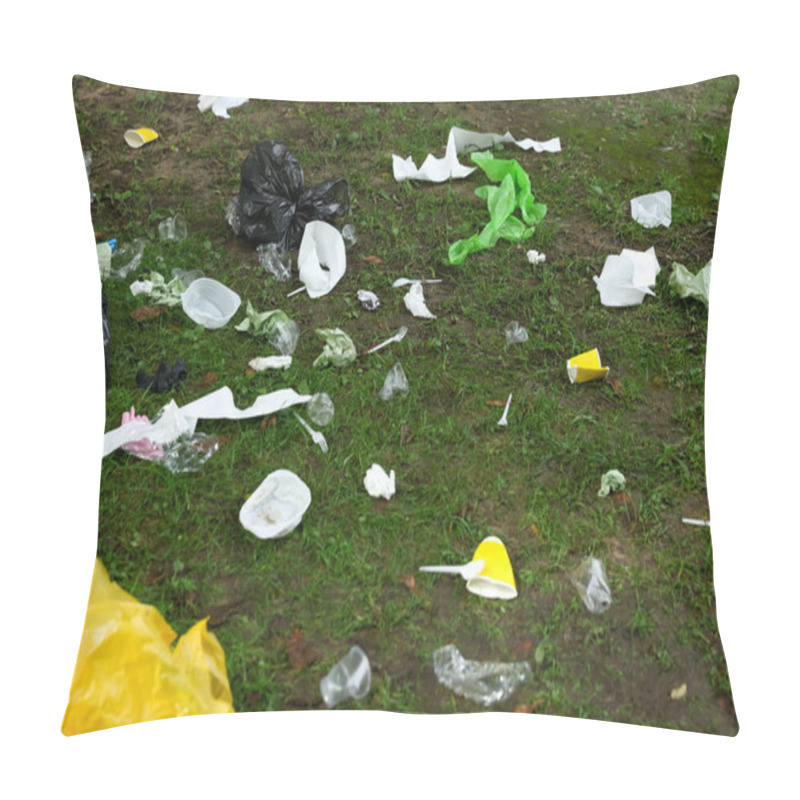 Personality  Different Garbage Scattered On Green Grass Outdoors Pillow Covers