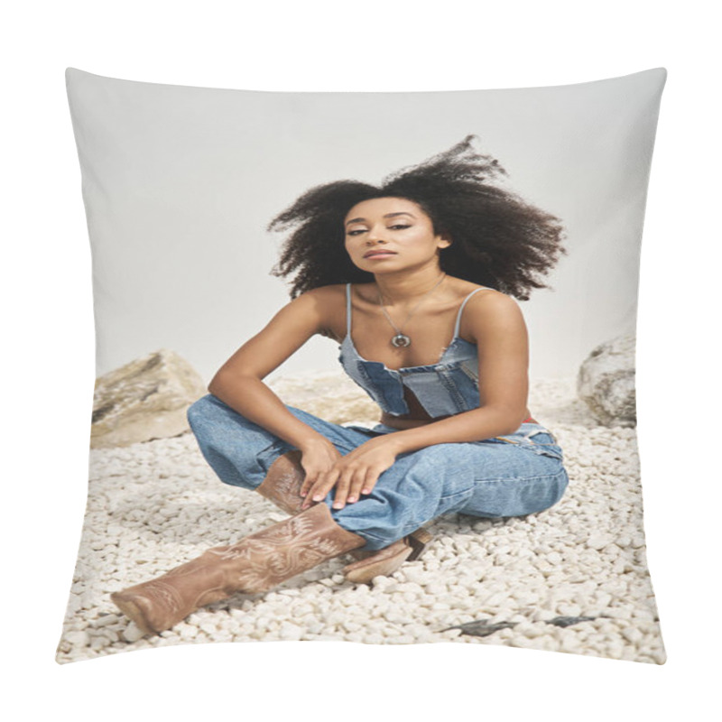 Personality  A Beautiful Young Woman Showcases Her Fashion Sense In A Relaxed Pose On Soft Pebbles. Pillow Covers