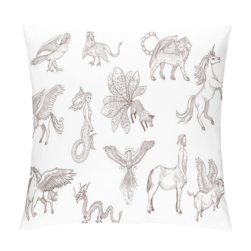 Personality  Hand Drawn Sketch Of Fantastic Beasts From Ancient Myths. Chinese Dragon, Pegasus, Unicorn, Griffin, Harpy, Mermaid, Isolated On White Background Engraved Illustrations Set. Mythology, Fantasy Concept Pillow Covers