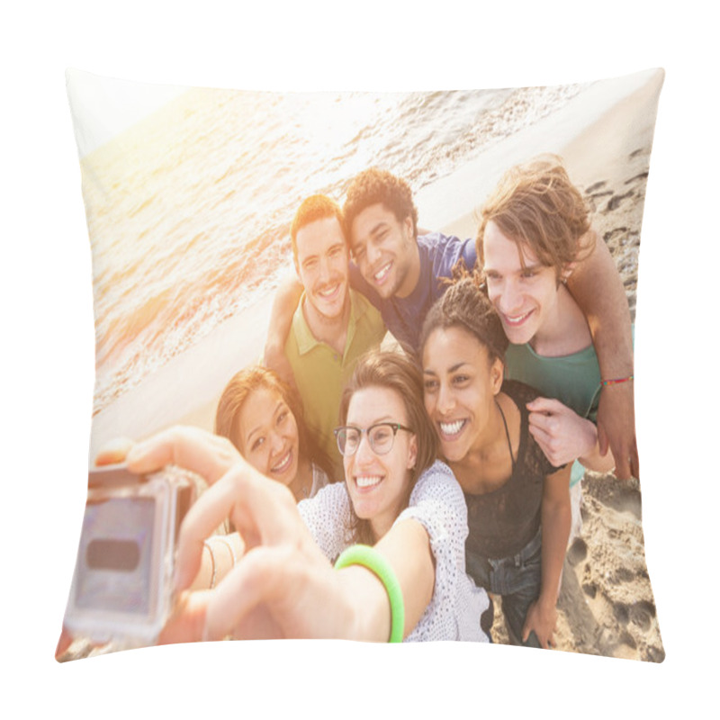 Personality  Multiracial Group Of Friends Taking Selfie At Beach Pillow Covers