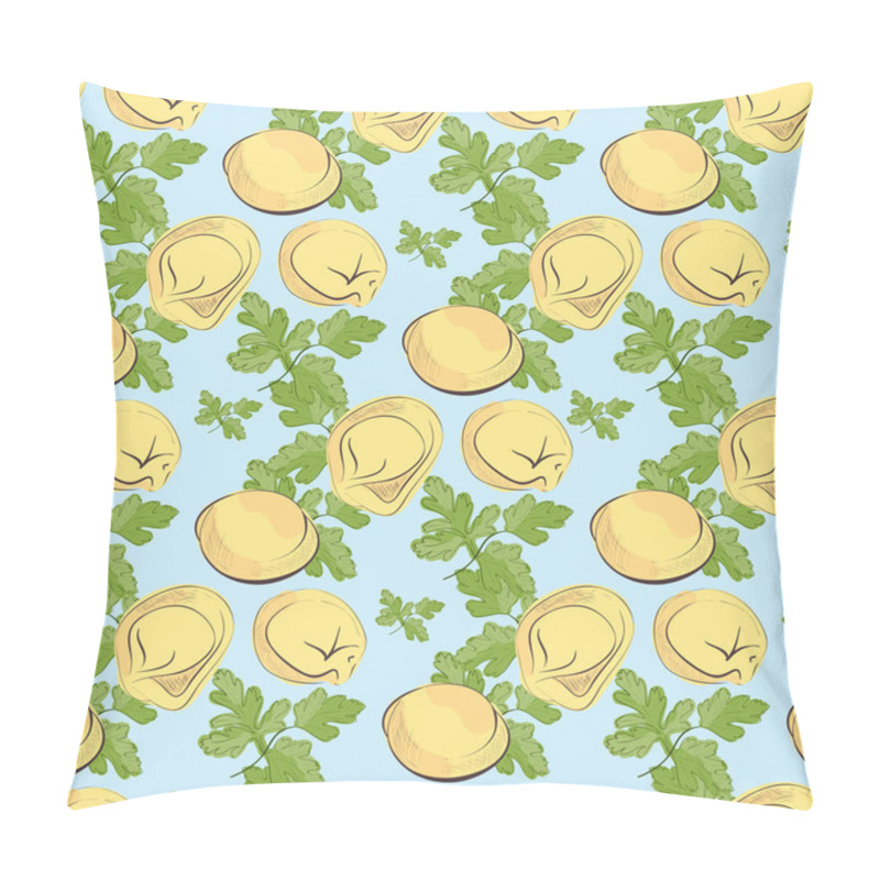 Personality  Dumplings And Parsley. On A Blue Background. Wallpaper, Texture .. Seamless.It Can Be Used For Tissue And Packaging. Without Gradients. Pillow Covers