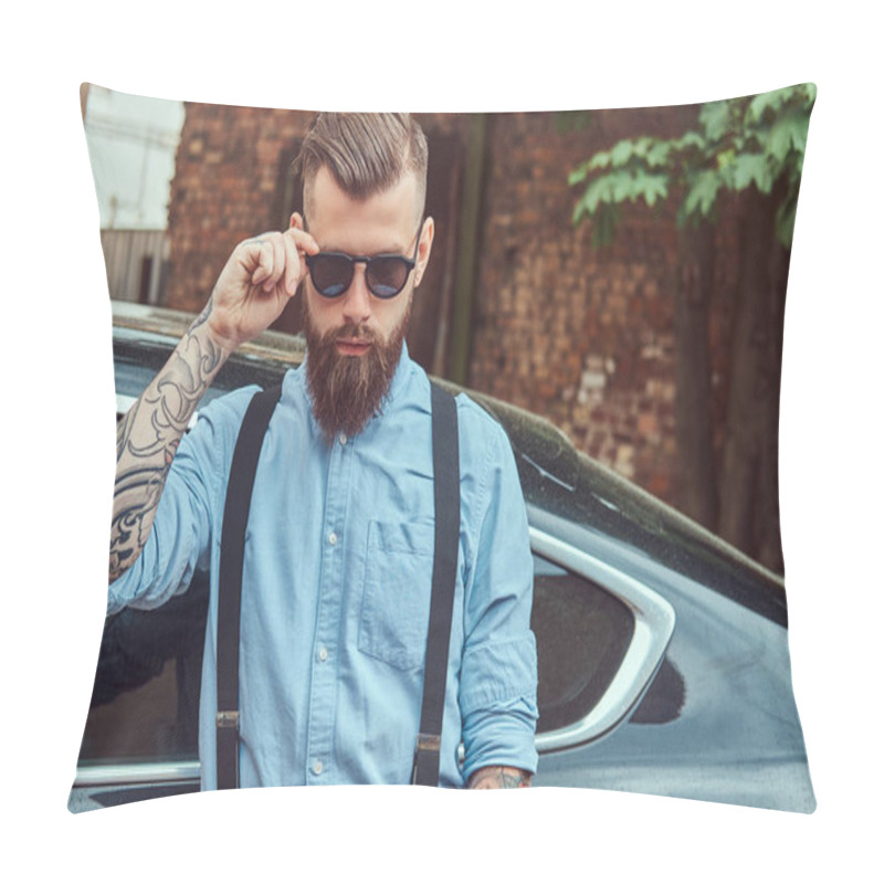 Personality  Old-fashioned Tattooed Hipster Guy In A Shirt With Suspenders, Standing Near Black Car Outdoors. Pillow Covers