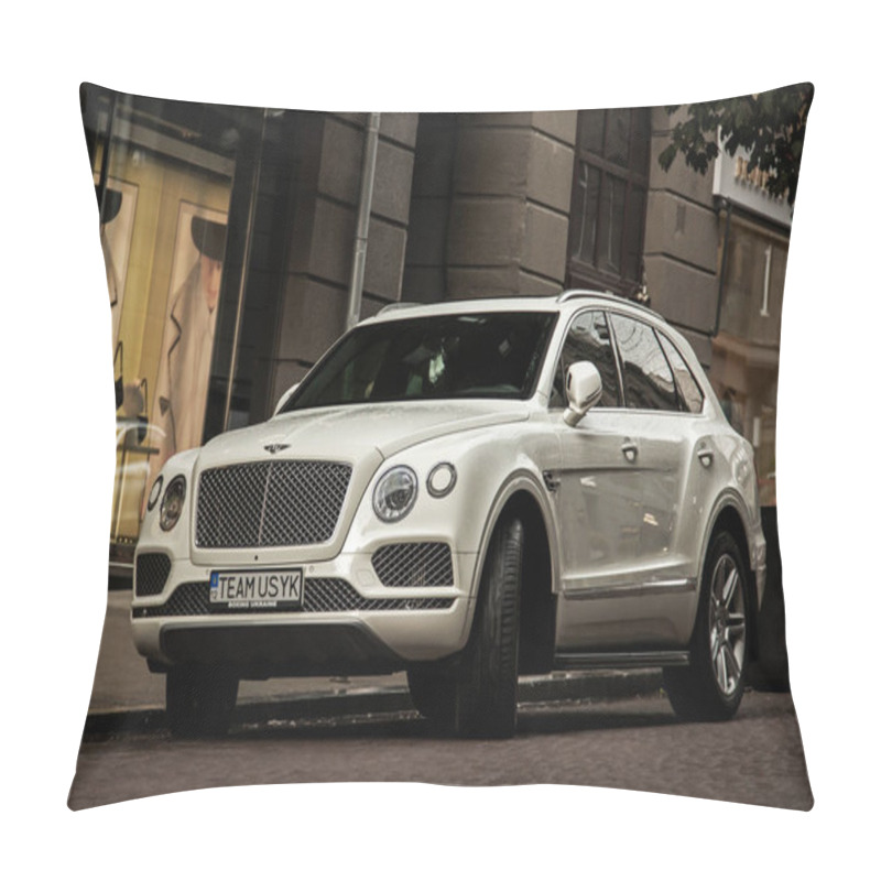 Personality  Kiev, Ukraine - June 12, 2021: White English Bentley Bentayga SUV Parked In The City Pillow Covers