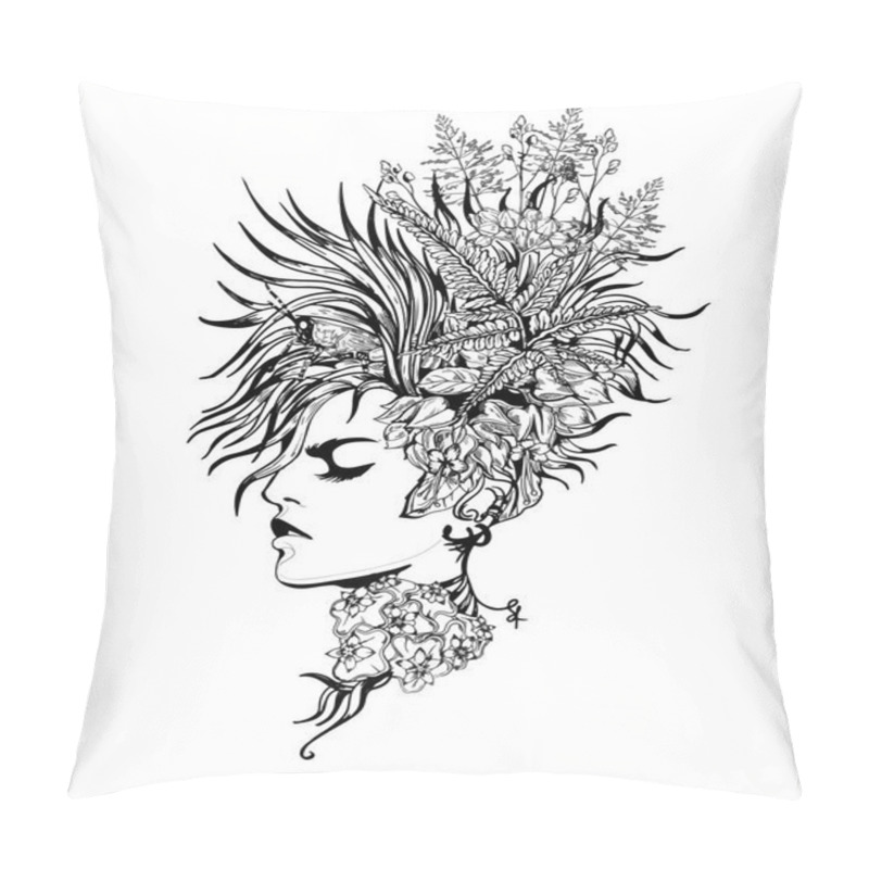 Personality  Beautiful Woman Face And Hairstyle Vector Drawing. Pillow Covers