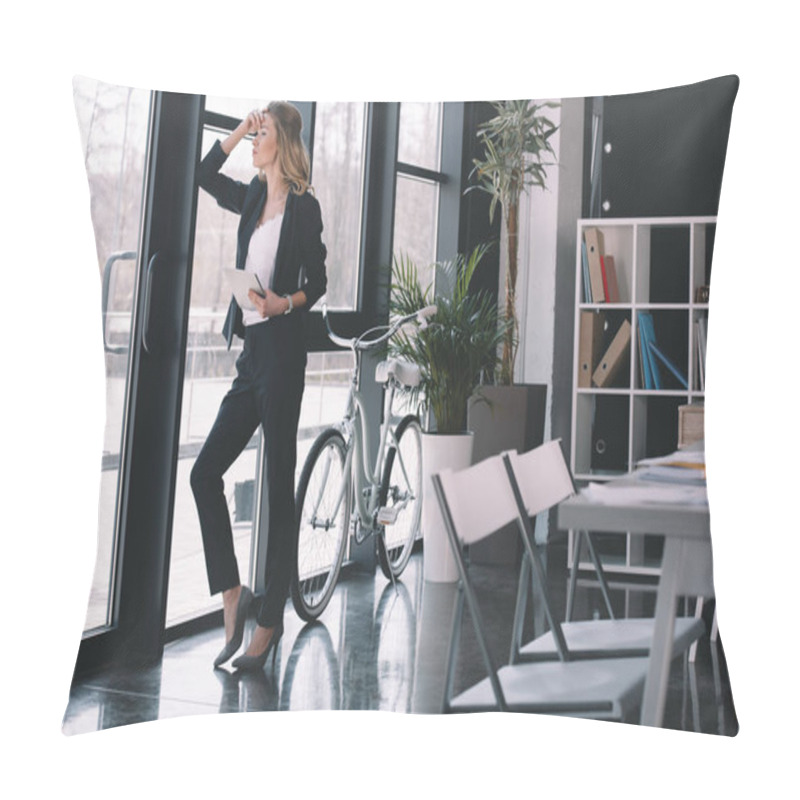 Personality  Pensive Businesswoman With Digital Tablet Pillow Covers