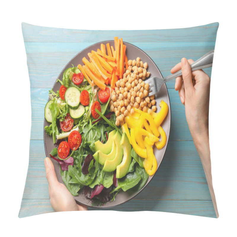 Personality  Balanced Diet And Vegetarian Foods. Woman Eating Dinner At Light Blue Wooden Table, Closeup Pillow Covers