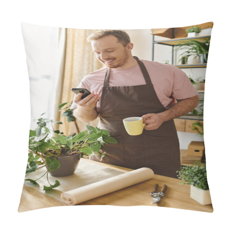 Personality  Man In Apron Holding Cup, Checking Phone In Small Plant Shop. Business Owner Multitasking During Busy Day. Pillow Covers