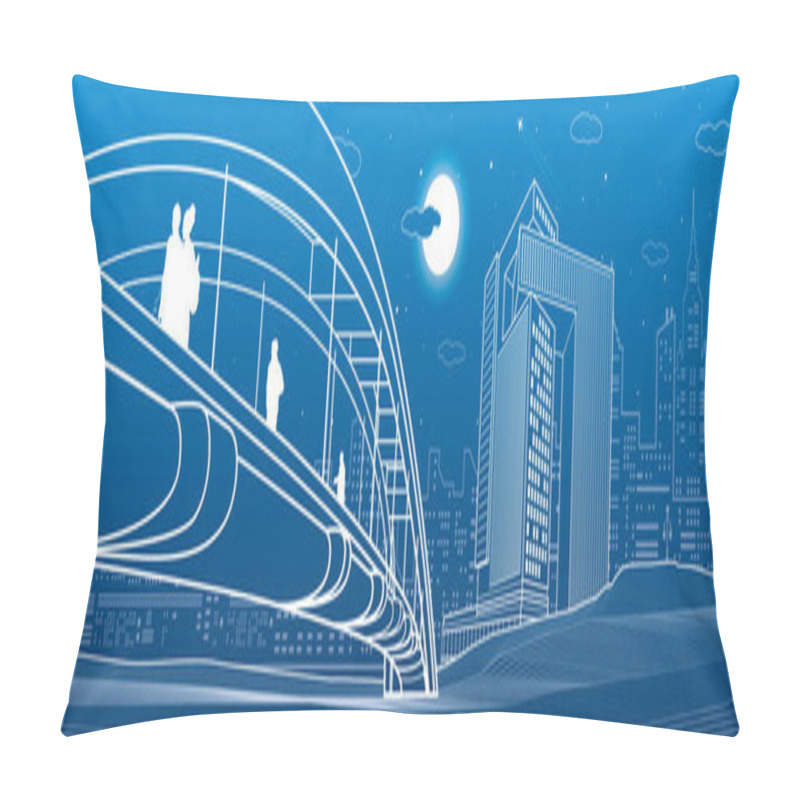 Personality  People Walking At Pedestrian Bridge. Business City Skyline. Modern Night Town. Infrastructure Illustration, Urban Scene. White Lines On Blue Background. Vector Design Art  Pillow Covers