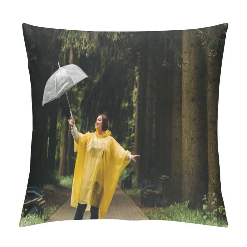 Personality  A Woman In A Yellow Raincoat And An Umbrella Walks In The Park And Garden In Summer. Pillow Covers