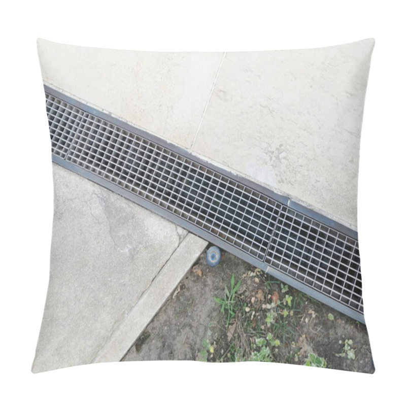 Personality  Drainage Systems. Metal Structures For Water Drainage - Sewerage And Grate On The Ground Close-up. House Construction, Storm Cranes. Landscaping And Trellis On The Ground Pillow Covers