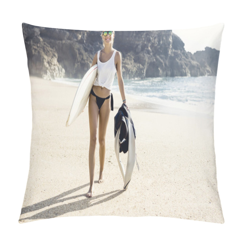 Personality  Beautiful Surfer Girl Walking On The Beach  Pillow Covers