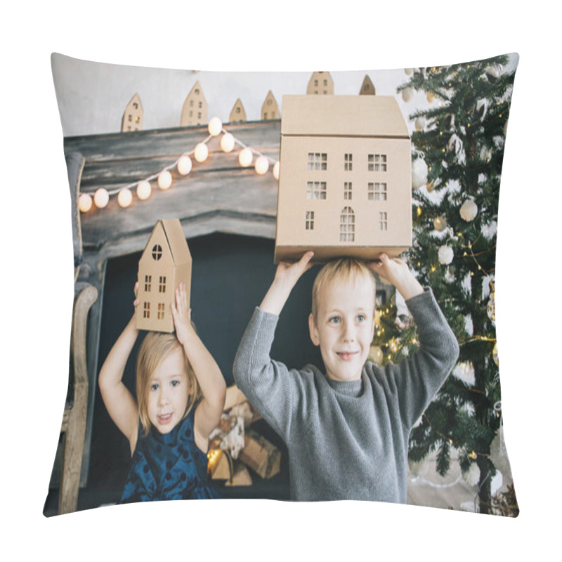 Personality  Children - A Boy And A Girl Are Sitting By The Fireplace, A New Year Tree, Playing With Cardboard Houses, A Cozy Christmas Decor And Children's Emotions Pillow Covers