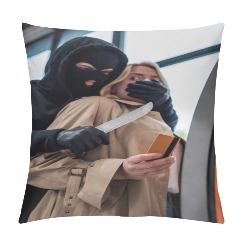 Personality  Low Angle View Of Robber Holding Knife And Covering Mouth To Scared Woman Holding Credit Card Near Atm  Pillow Covers