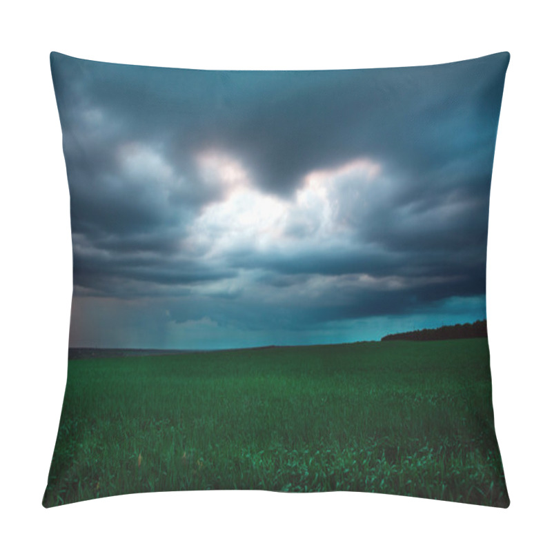 Personality  Dark Sky With Rain Clouds Over Green Field, Stormy Weather Pillow Covers