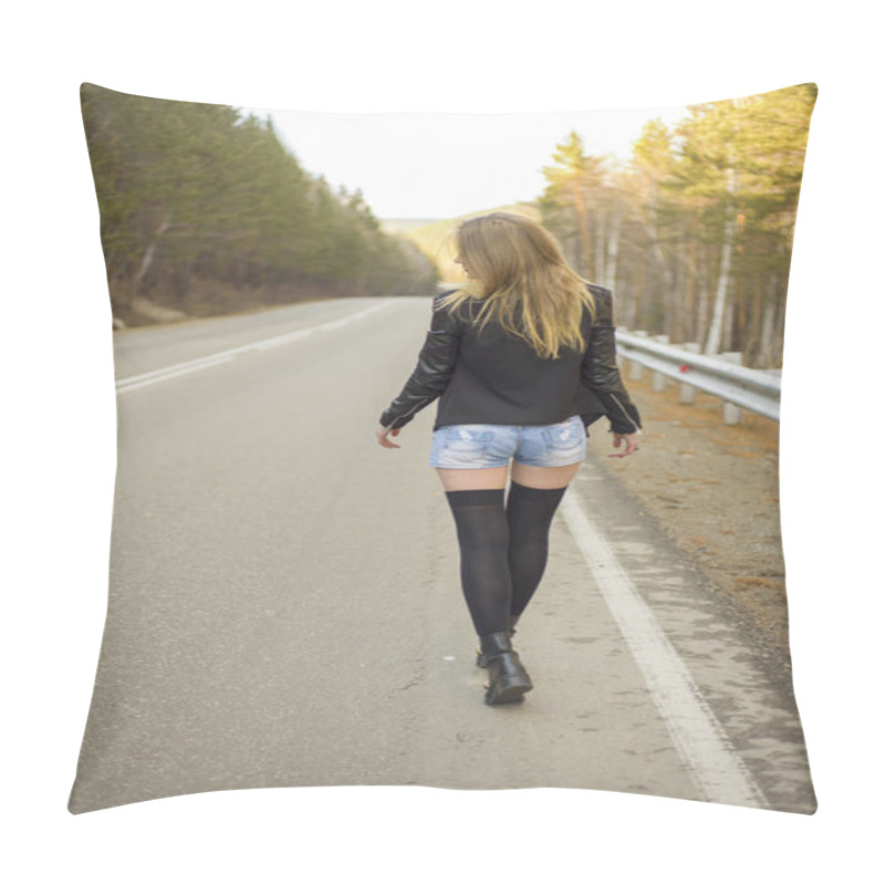 Personality  Beautiful Young Girl Walking Down The Road In The Forest. Pillow Covers