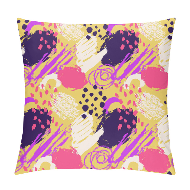 Personality  Hand Drawn Abstract Grunge Vector Seamless Pattern. Background Painted With Ink. Yellow Pink Violet White Color. Grange And School Style For Kid, Children, Teen. Bright And Summer Pillow Covers