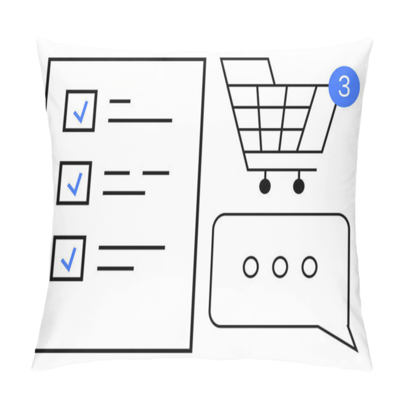 Personality  Checklist With Three Checked Items, Shopping Cart With Notification Bubble, And Chat Message. Ideal For E-commerce, Productivity, Task Management, Shopping, Communication, Notifications Online Pillow Covers