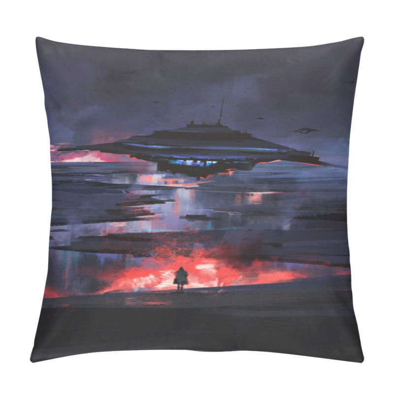 Personality  Flying Saucer Descends On Earth Devastatingly, Sci-fi Illustration. Pillow Covers