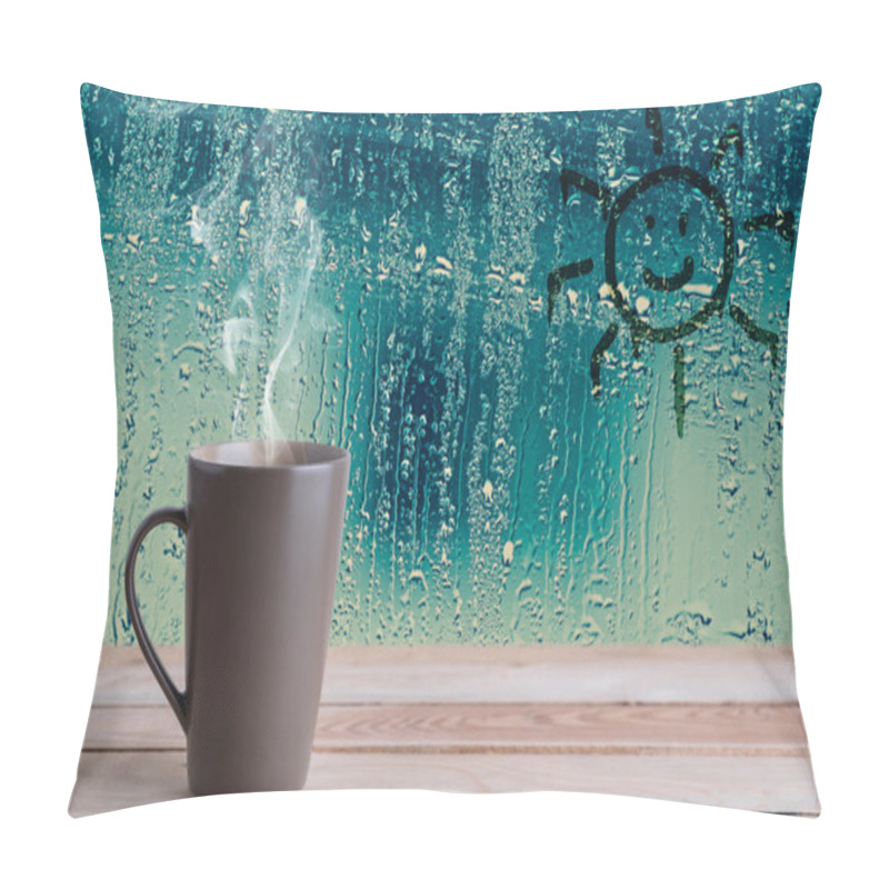 Personality  Brown Coffee Cup With Smoke And Sun Sign On Water Drops Glass Wi Pillow Covers